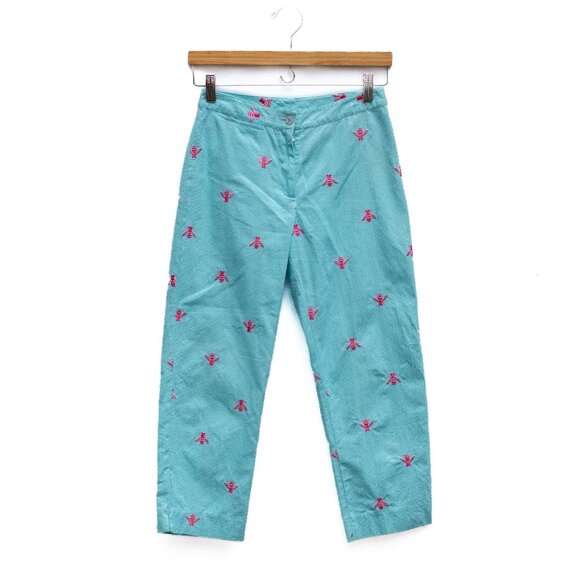 Lilly Pulitzer Bee Pants Size 0P Turquoise Blue Cropped Embroidered Slit Hem - Picture 1 of 7